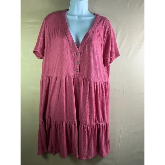 Knox Rose Pink Tiered Babydoll Dress V-Neck Short Sleeve Textured Crepe L - Picture 2 of 9